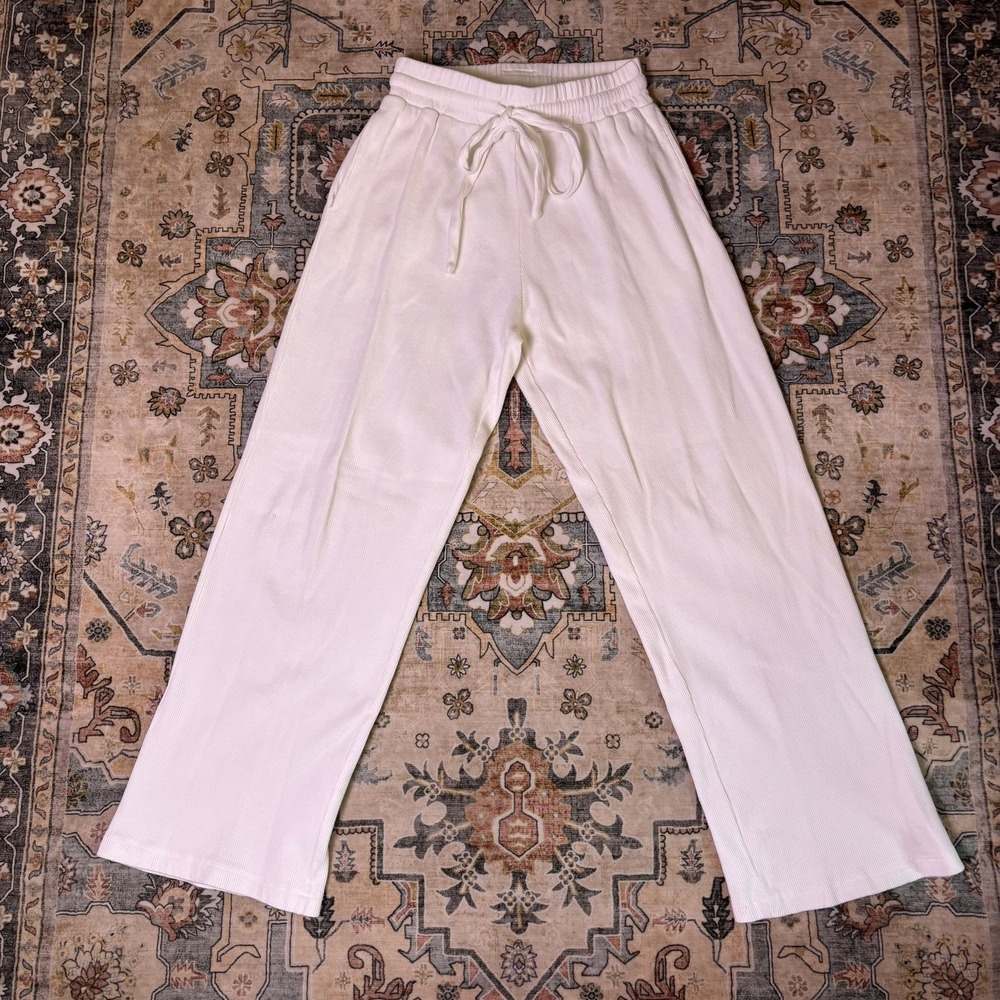 Daily Drills White Waffle Knit Wide Leg Pants Resort Pilates Lounge Size Small